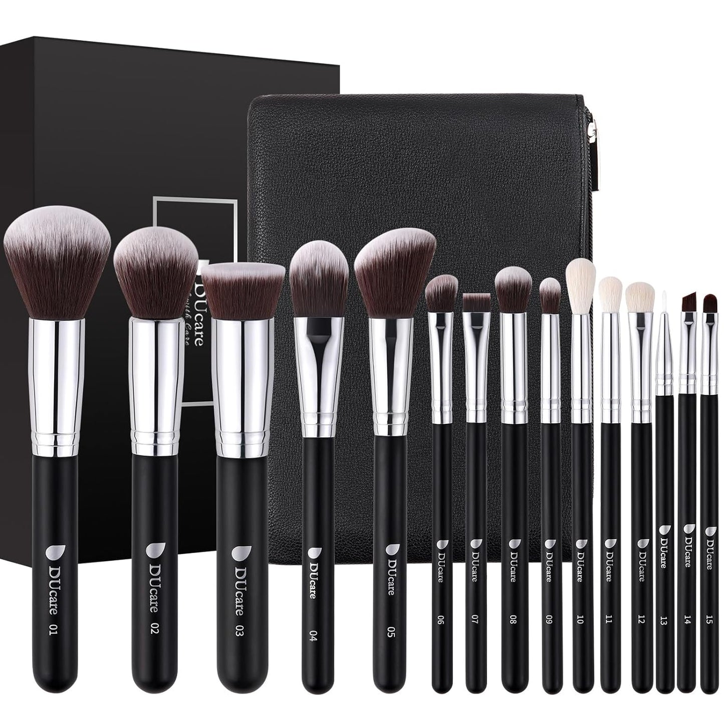Makeup Brushes with Bag,15Pcs Makeup Brush Set Christmas Gift Travel Kabuki Foundation Blending Blush Eyeliner Shadow Brow Concealer Brushes Kit Black