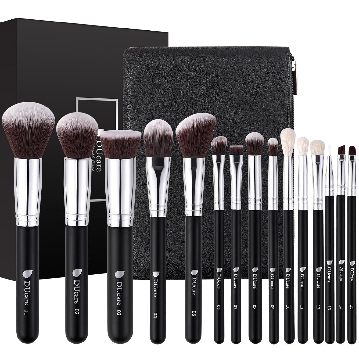 Makeup Brushes with Bag,15Pcs Makeup Brush Set Christmas Gift Travel Kabuki Foundation Blending Blush Eyeliner Shadow Brow Concealer Brushes Kit Black